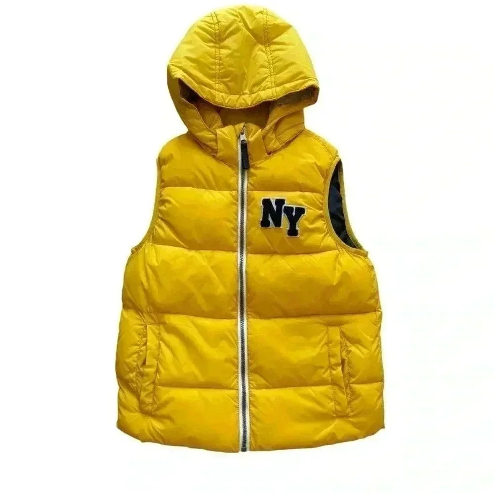 H&M Yellow NY Youth Puffer Vest Jacket Removable Hood SZ 8-10 #2233